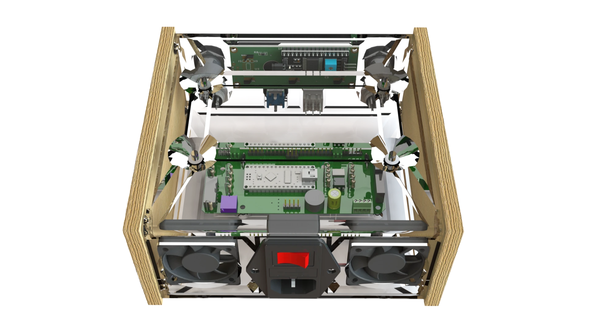 Bovenaanzicht van soldeerstation behuizing met ventilatoren – Arduino project voor makers