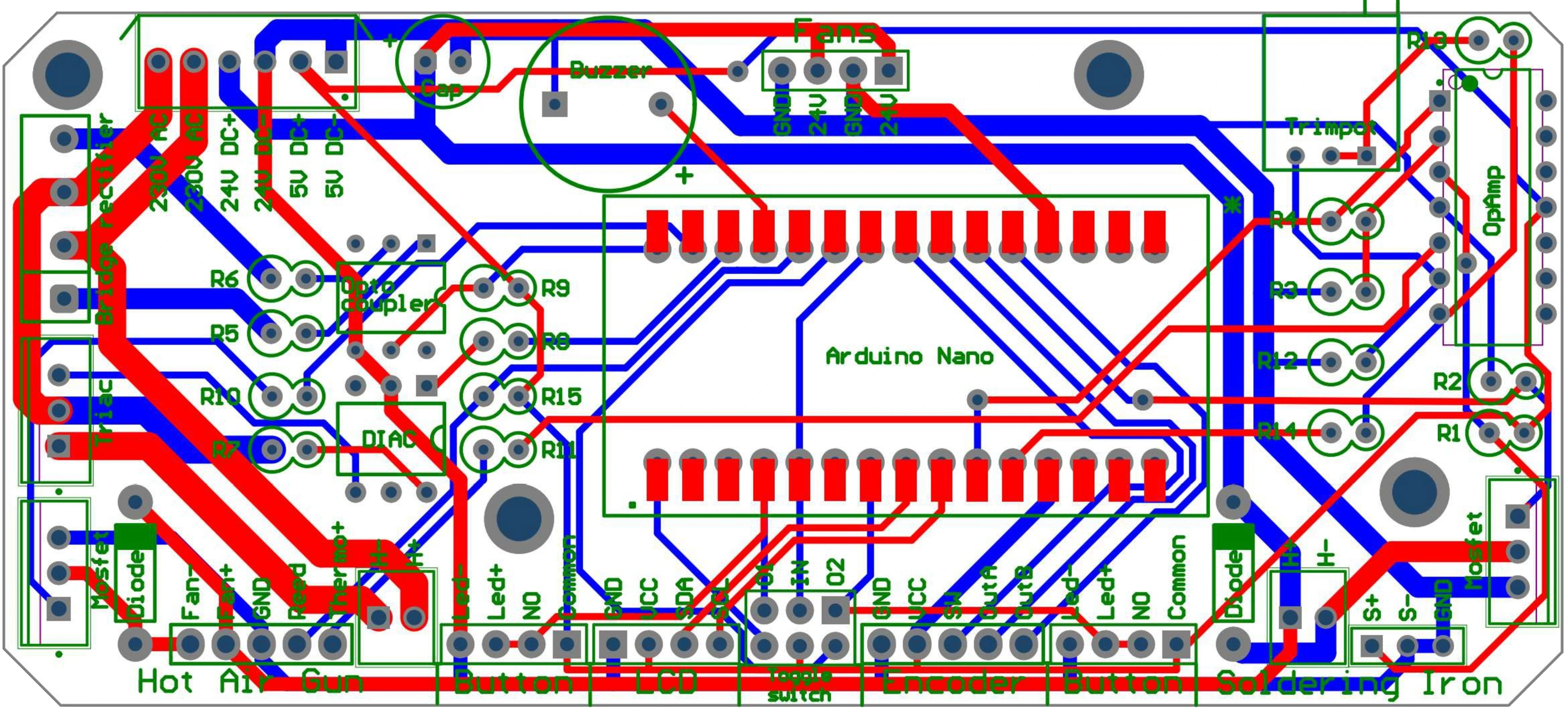 3D PCB-render van soldeerstation met componenten en connectoren – embedded hardware project