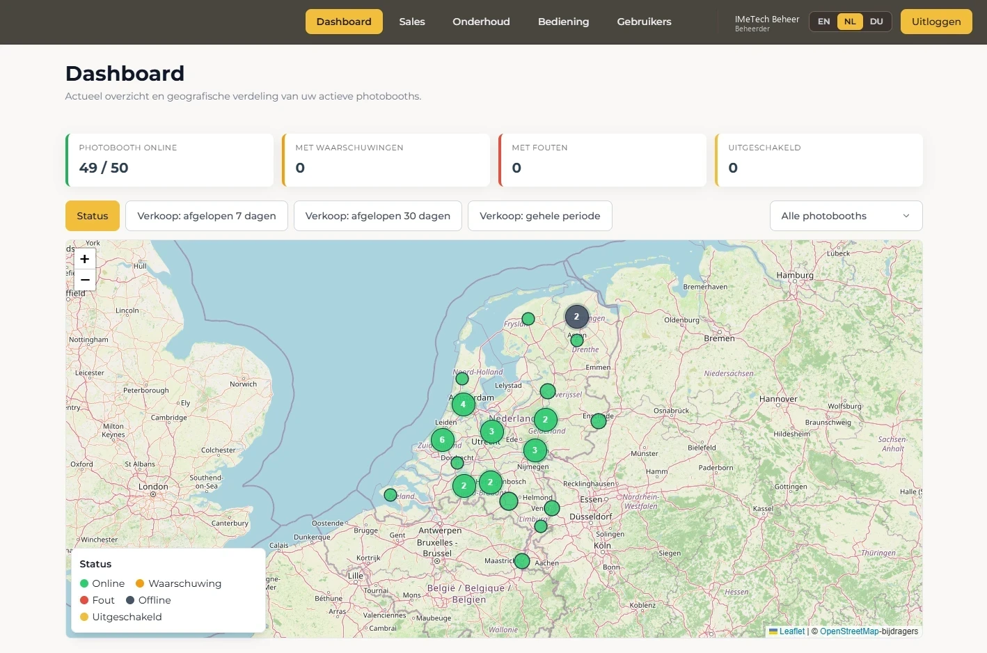 Photobooth Beheerdashboard overzicht met statuskaarten